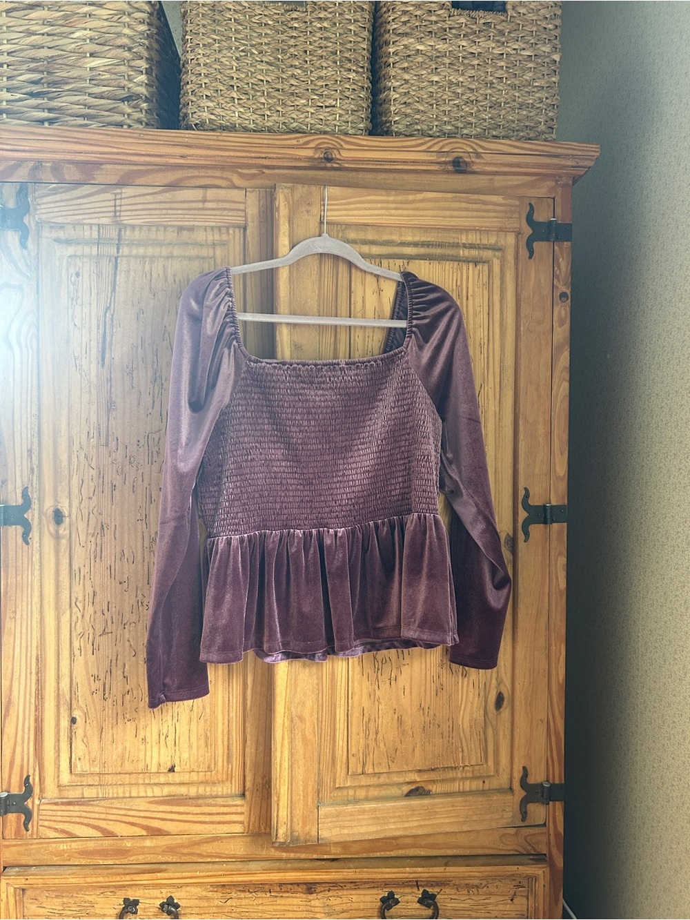 Gap Velvet Smocked Peplum Long-Sleeve Top - Plum